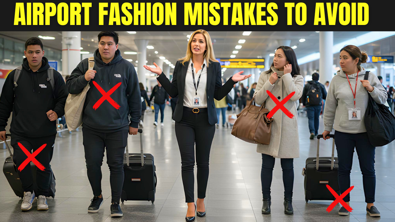 Traveler struggling with complicated clothing at airport security, highlighting travel outfits to never wear at the airport.