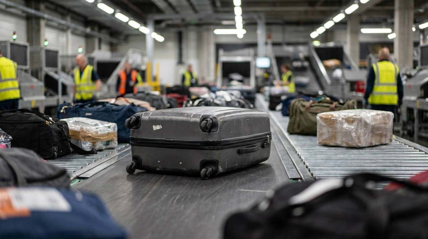 12 Essential Packing & Luggage Tips Airlines Won't Tell You 3 Hard-shell spinner suitcase gliding on airport conveyor belt — packing and luggage tips for checked bags