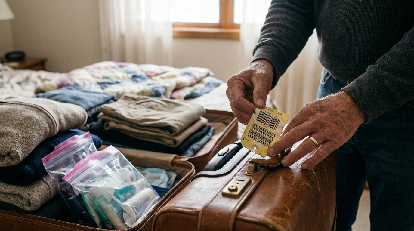 12 Essential Packing & Luggage Tips Airlines Won't Tell You 4 Senior traveler removing old airline barcode tags from suitcase before a trip — luggage tips