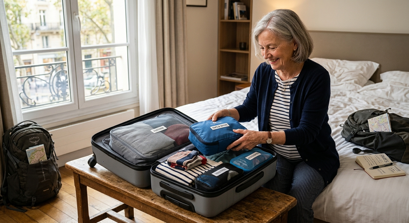 senior traveler packing bags airport