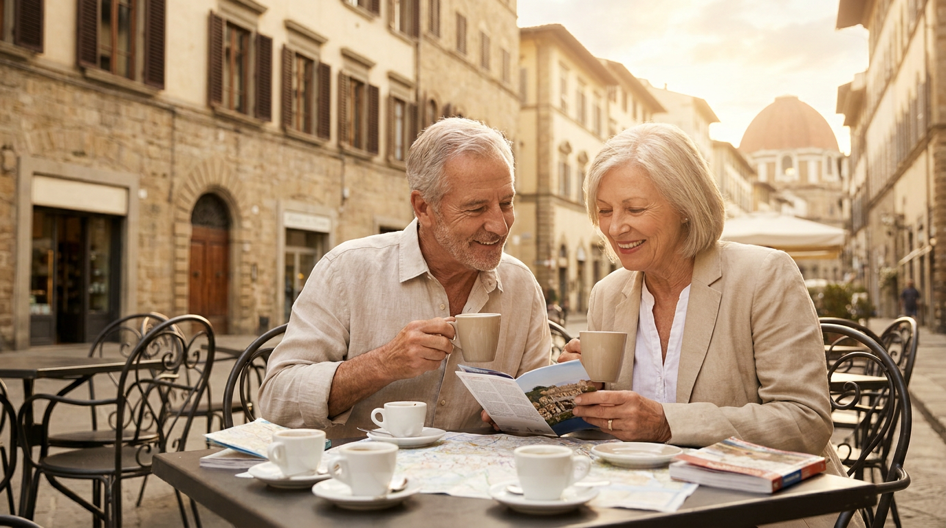 Senior couple relaxing on European vacation protected by best travel insurance for seniors