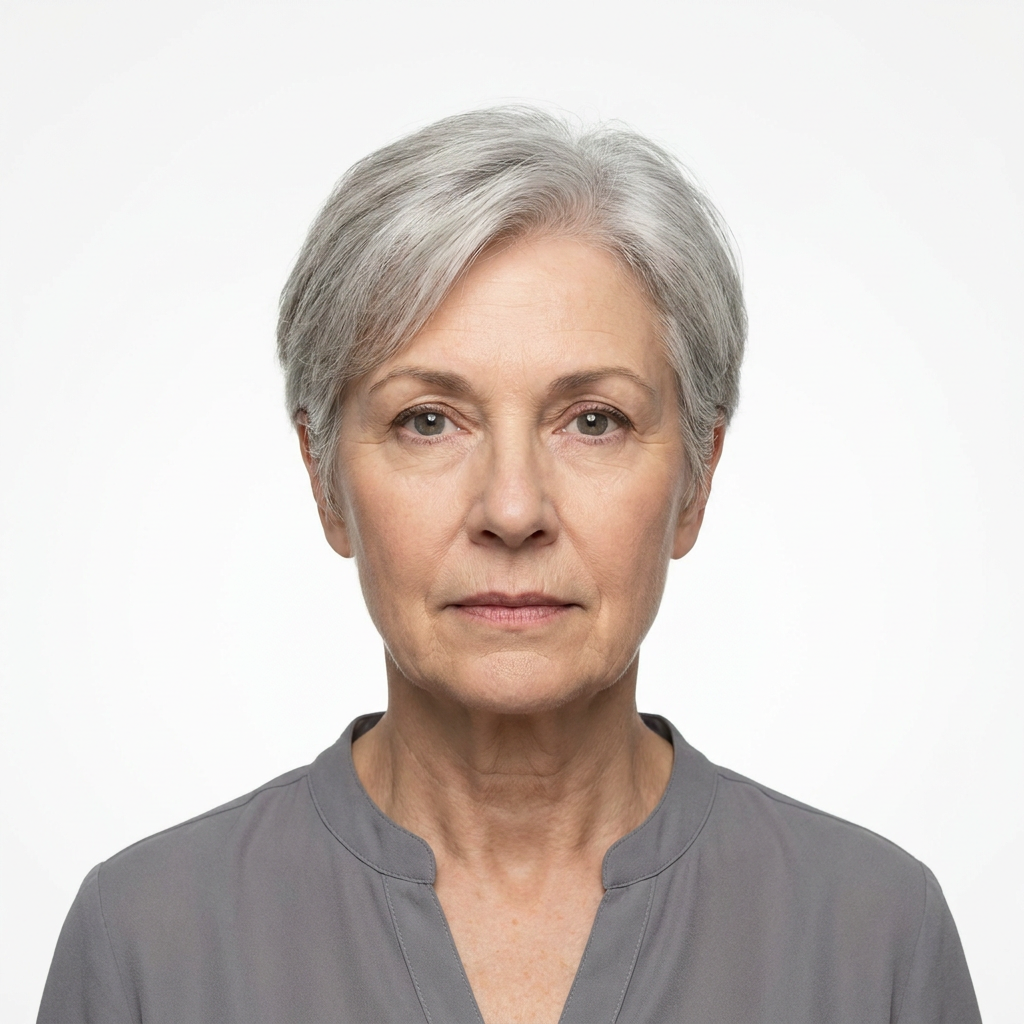 Compliant US passport renewal photo example with neutral expression on white background