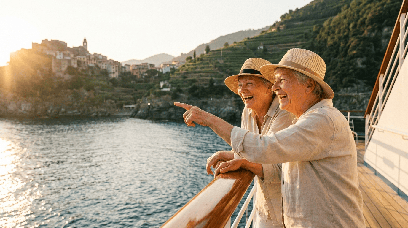Best Travel Insurance for Seniors 2026: Smart Buyer's Guide 7 Senior couple at cruise ship railing — cruise travel insurance for seniors