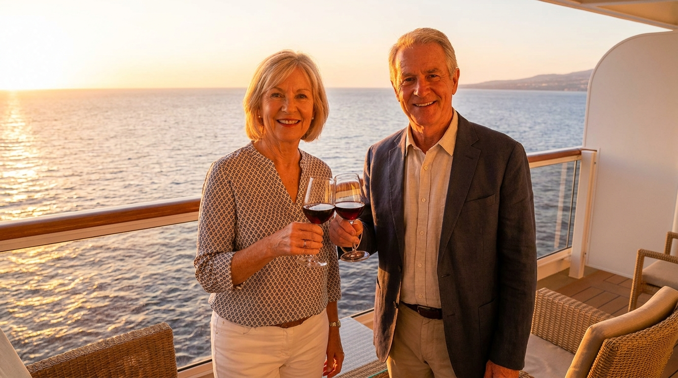 Home 9 Senior couple enjoying cruise vacation at sunset