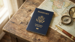 US Passport Renewal 2026: Easy Step-by-Step Guide to Avoid Delays 1 US passport renewal documents on wooden desk with map and compass for 2026 travel planning