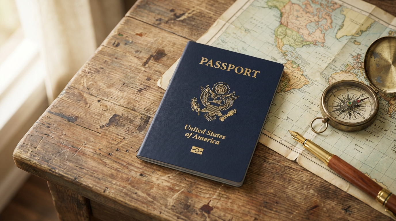 US passport renewal documents on wooden desk with map and compass for 2026 travel planning