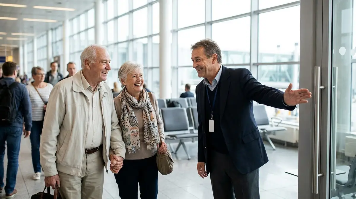 12 Secret Airline Perks for Seniors Over 70 You Dont Know 6 Gate agent welcoming a smiling senior couple at an airline boarding gate