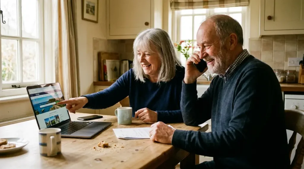 Airline Senior Discounts 2026: Delta, United, American & More 1 Senior couple at home booking a flight on a laptop and phone to claim airline senior discounts