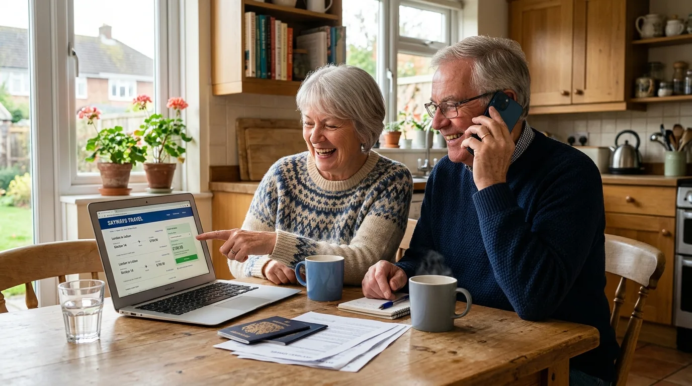 Senior couple checking airline senior discounts on a laptop while calling the airline