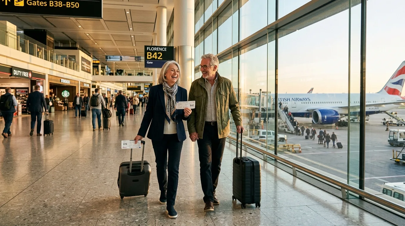 Senior couple who saved with airline senior discounts walking to their gate