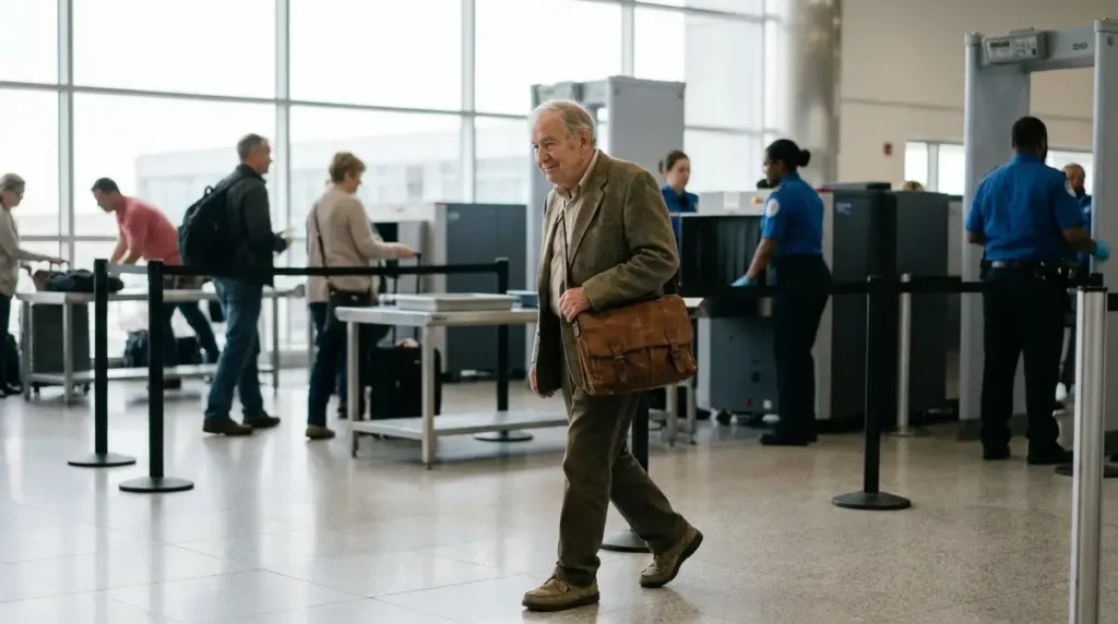 Calm senior traveler moving through an airport security screening area