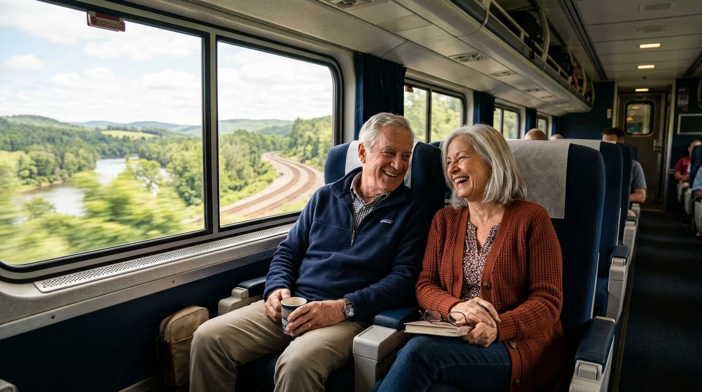 Amtrak Senior Discount: Stunning Savings Guide for 2026 3 senior couple relaxing on board an Amtrak train after using their amtrak senior discount