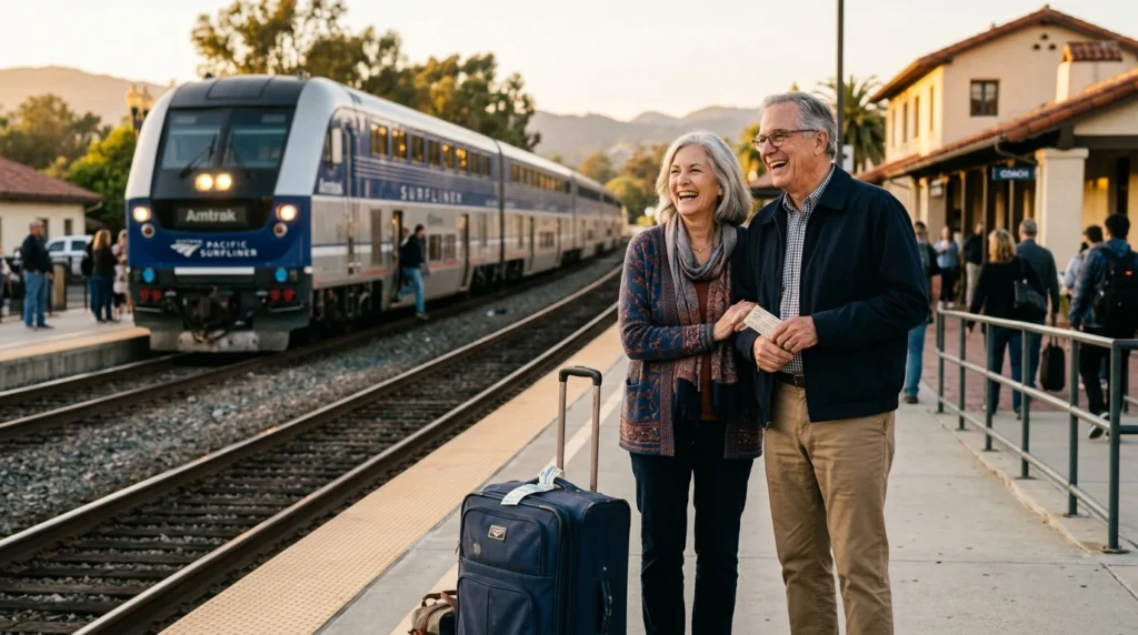 senior couple boarding Amtrak train for amtrak senior discount travel