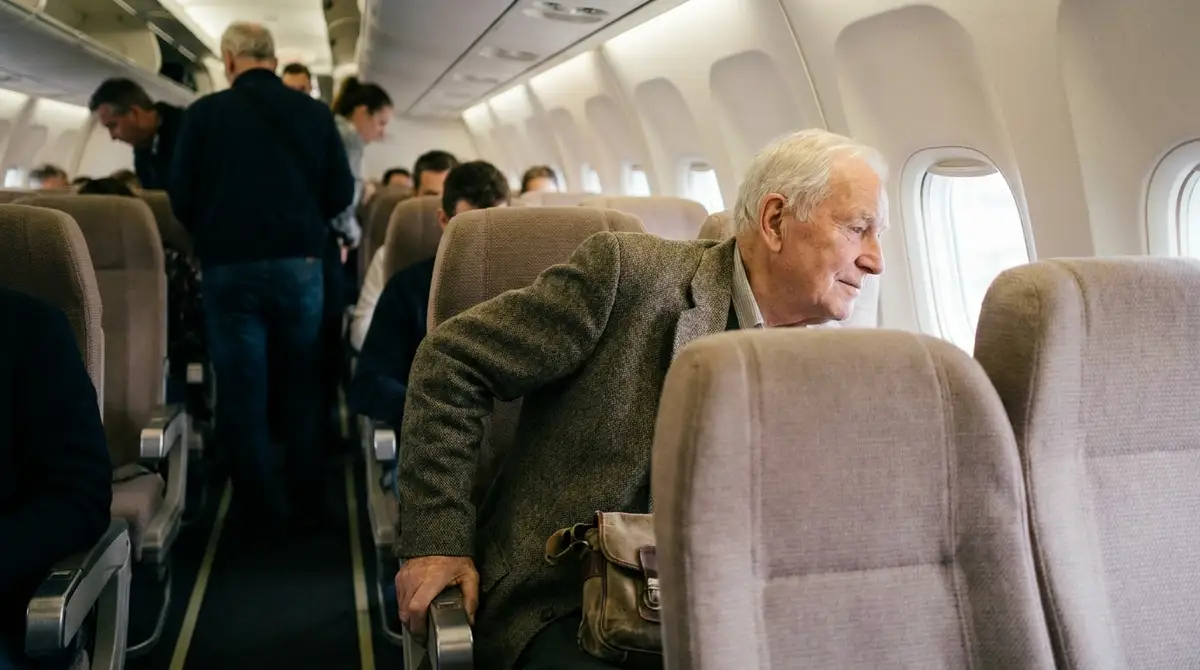 10 Secret Airplane Seat Tricks Airlines Hide From You 4 Senior man settling comfortably into an airplane window seat