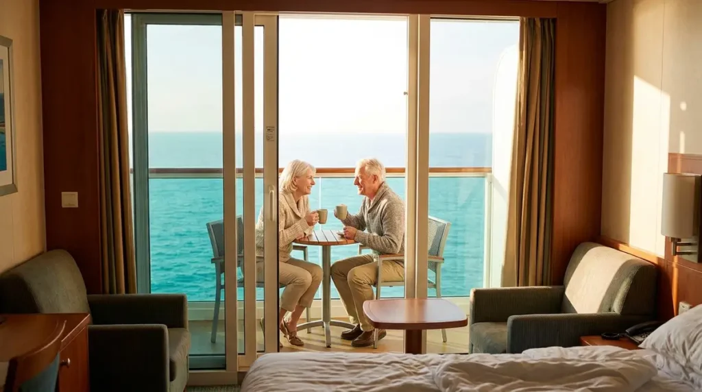 Senior couple enjoying coffee in a cruise ship balcony stateroom