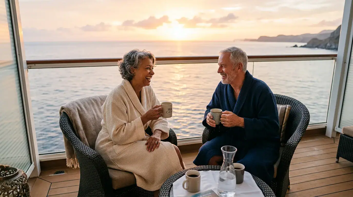 Senior couple enjoying the best cabin on a cruise ship: a balcony stateroom at sunrise