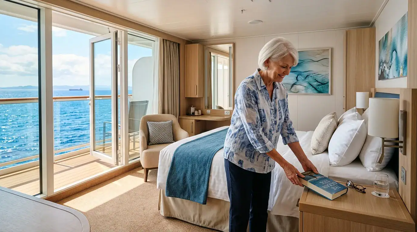 Bright interior of the best cabin on a cruise ship with balcony door open