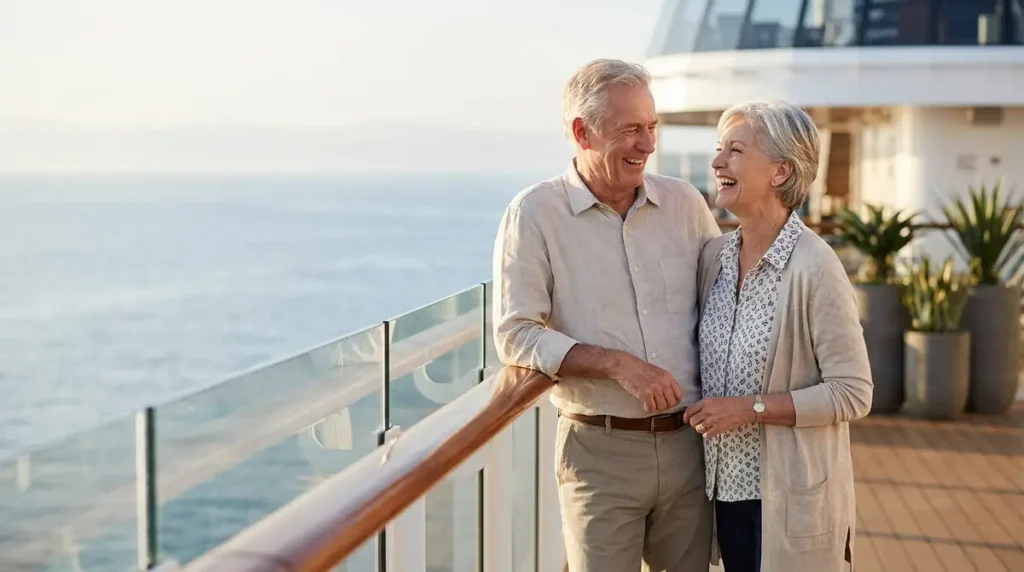 Senior couple standing on the middle deck of a cruise ship