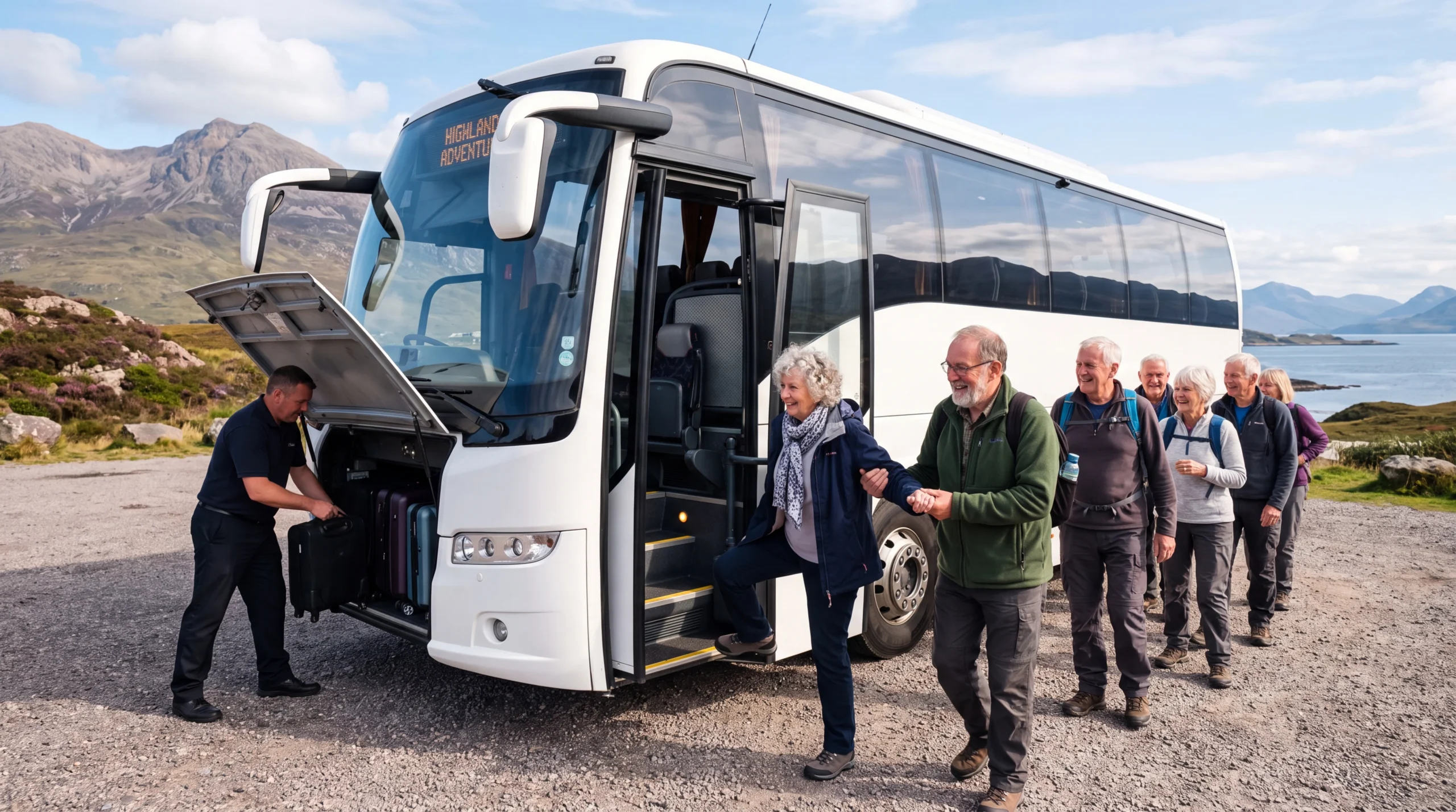 8 Stunning Senior Tour Companies for 2026 2 Seniors boarding a tour bus with a guided tour company for senior travel