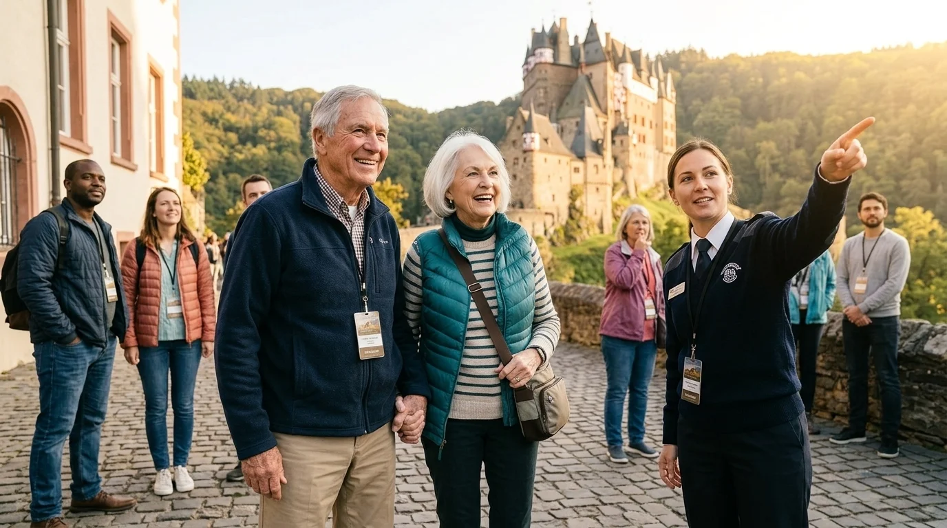 Senior couple on a guided walking tour stop near a historic castle - bus trips for seniors