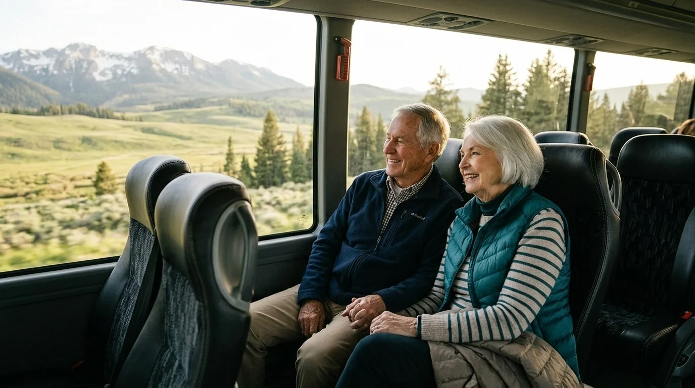 Senior couple enjoying scenic mountain views from a tour bus window - bus trips for seniors