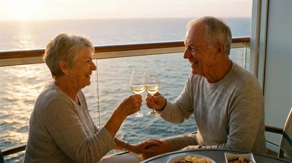 Senior couple toasting with drinks on a cruise ship balcony at sunset