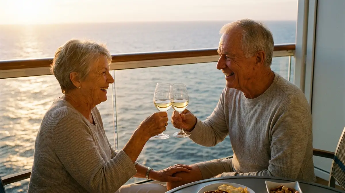 Senior couple toasting with drinks on a cruise ship balcony at sunset