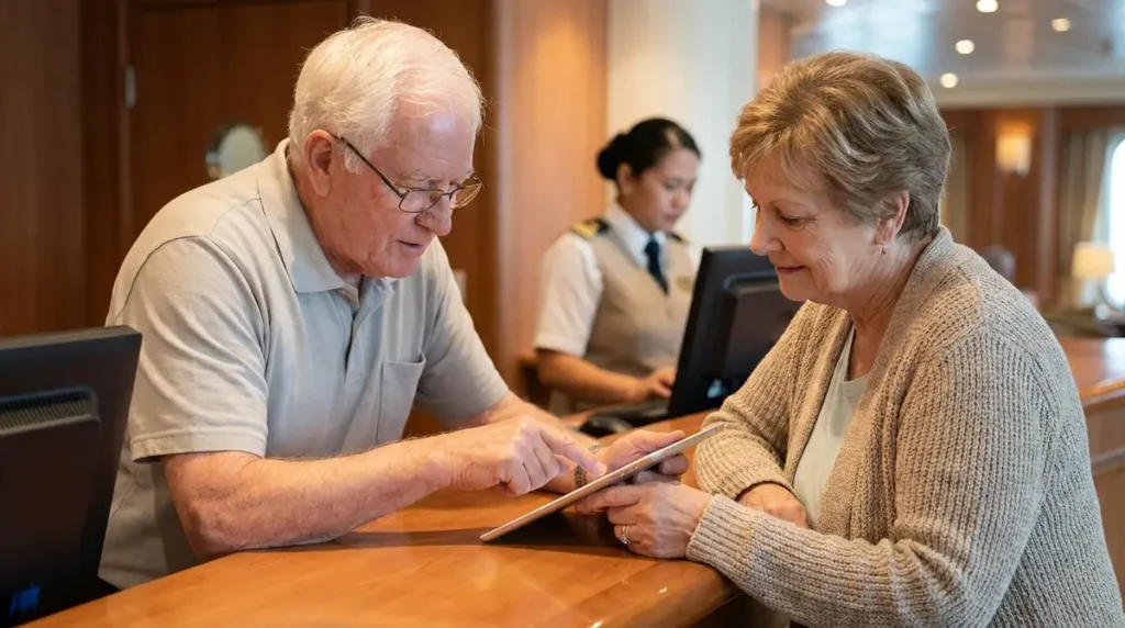 Senior couple reviewing their onboard account at a cruise ship guest services desk