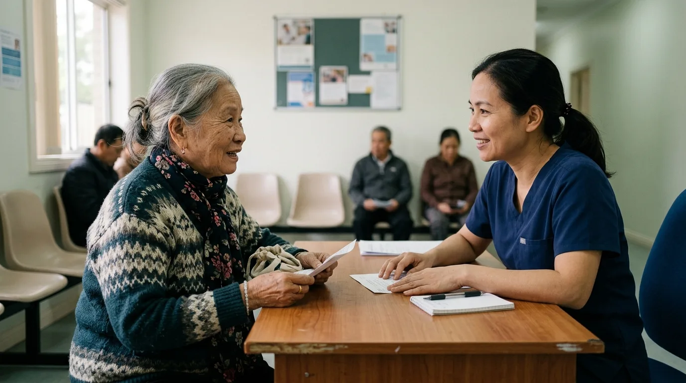 Does Medicare Cover International Travel? 7 Costly Gaps in 2026 3 Senior woman speaking with a doctor at an overseas clinic reception, showing why travelers ask does Medicare cover international travel