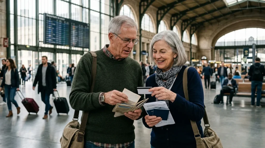 Senior American couple checking travel documents at a European station while wondering does Medicare cover international travel in 2026