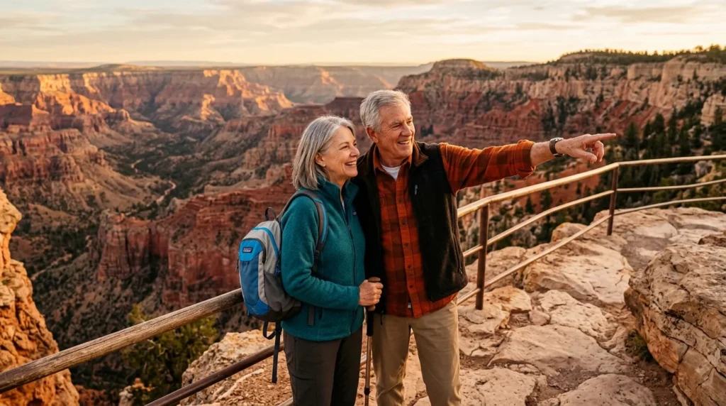National park pass for seniors: senior couple at canyon overlook at golden hour