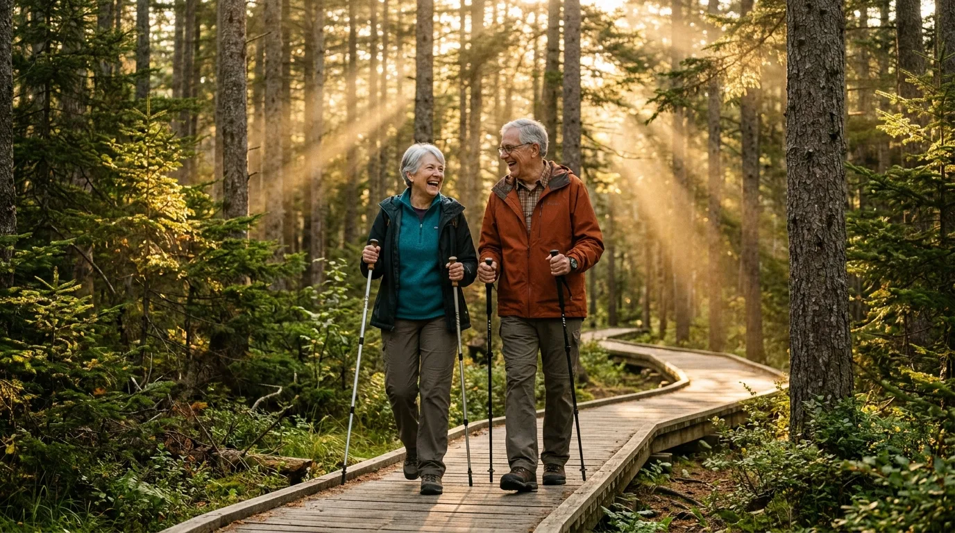 National Park Pass for Seniors: The Easy 2026 Money Saver 4 Senior couple hiking with trekking poles after using their national park pass for seniors