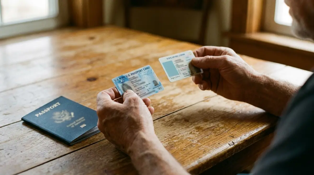 Senior sorting a U.S. passport card and a state driver license at a table, TSA-accepted alternatives to a REAL ID