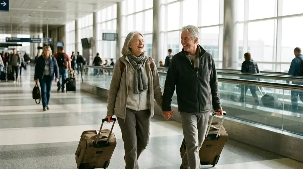 Happy senior couple walking through an airport terminal with luggage