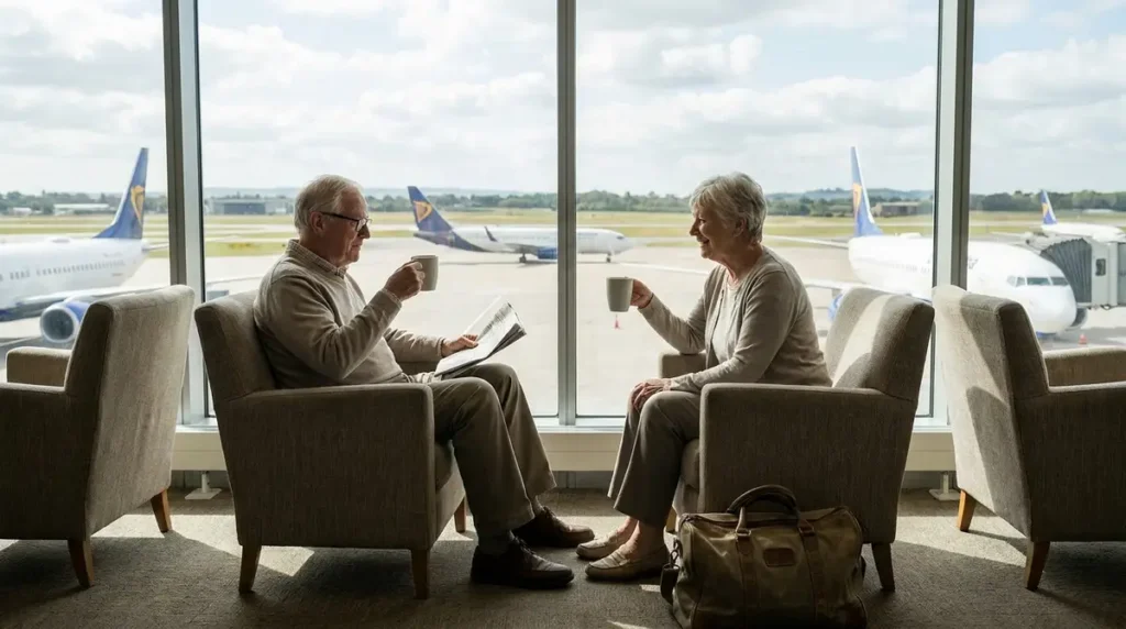 Relaxed senior couple in a bright airport lounge with coffee