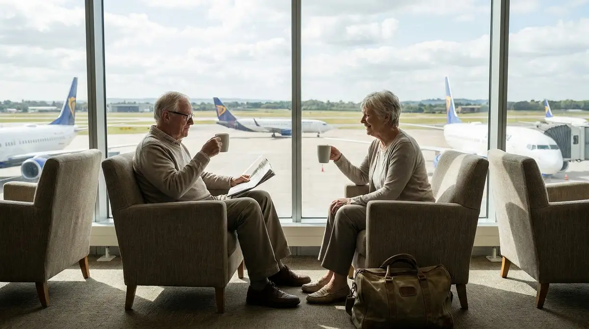 6 Senior Travel Secrets Airlines Keep Quiet About 5 Relaxed senior couple in a bright airport lounge with coffee