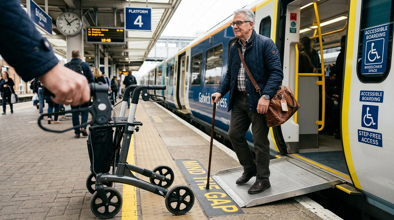 seniors with limited mobility boarding an accessible train with a folding travel wheelchair