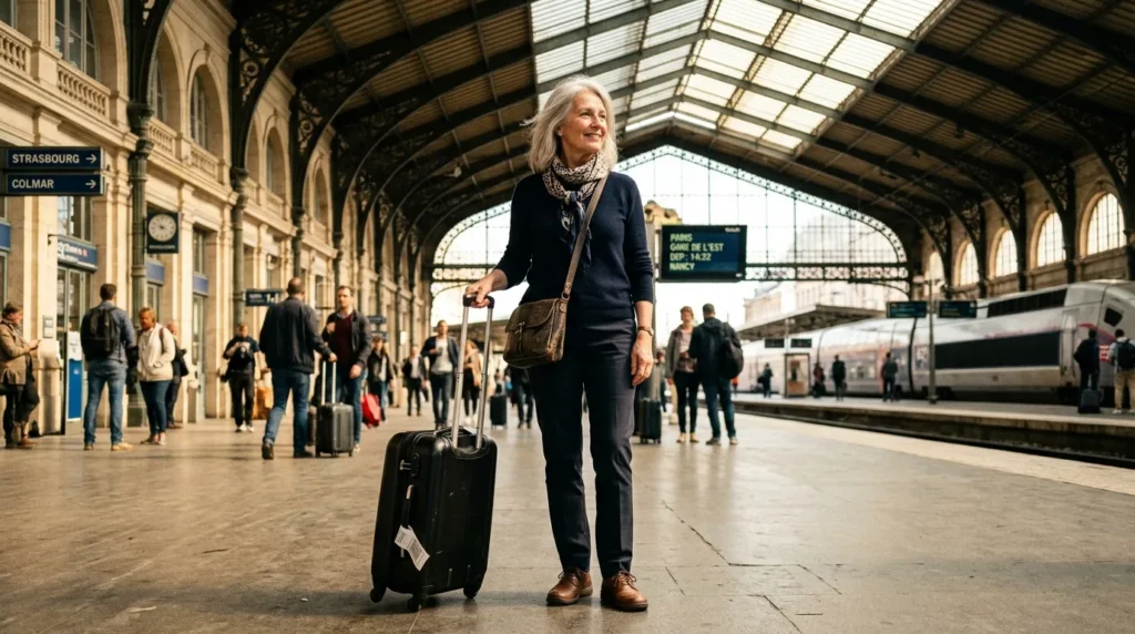 Confident senior woman on a solo travel for seniors trip, standing with a rolling suitcase in a sunlit European train station