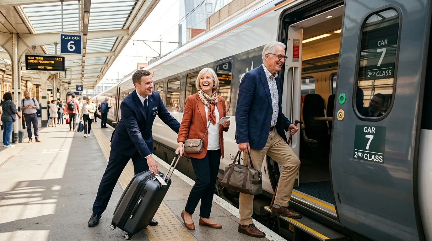 9 Stunning Train Trips for Seniors in 2026 3 Senior couple boarding one of the best train trips for seniors
