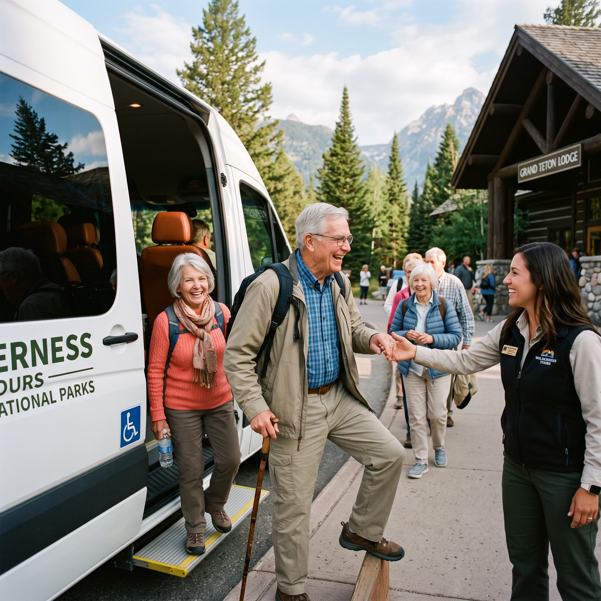 Trips for seniors over 70: a couple boarding an accessible tour bus