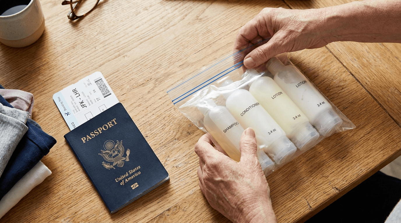 Senior packing a quart-size bag with 3.4 oz travel bottles per TSA liquid size rules