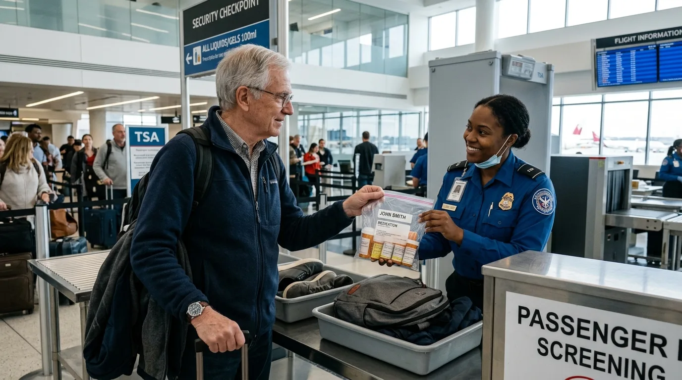 Senior declaring liquid medication under TSA medication rules at the checkpoint