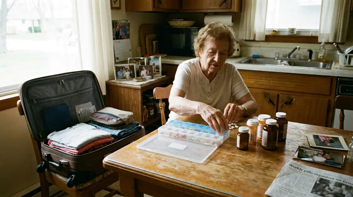 Senior organizing daily medications into a pill organizer before travel