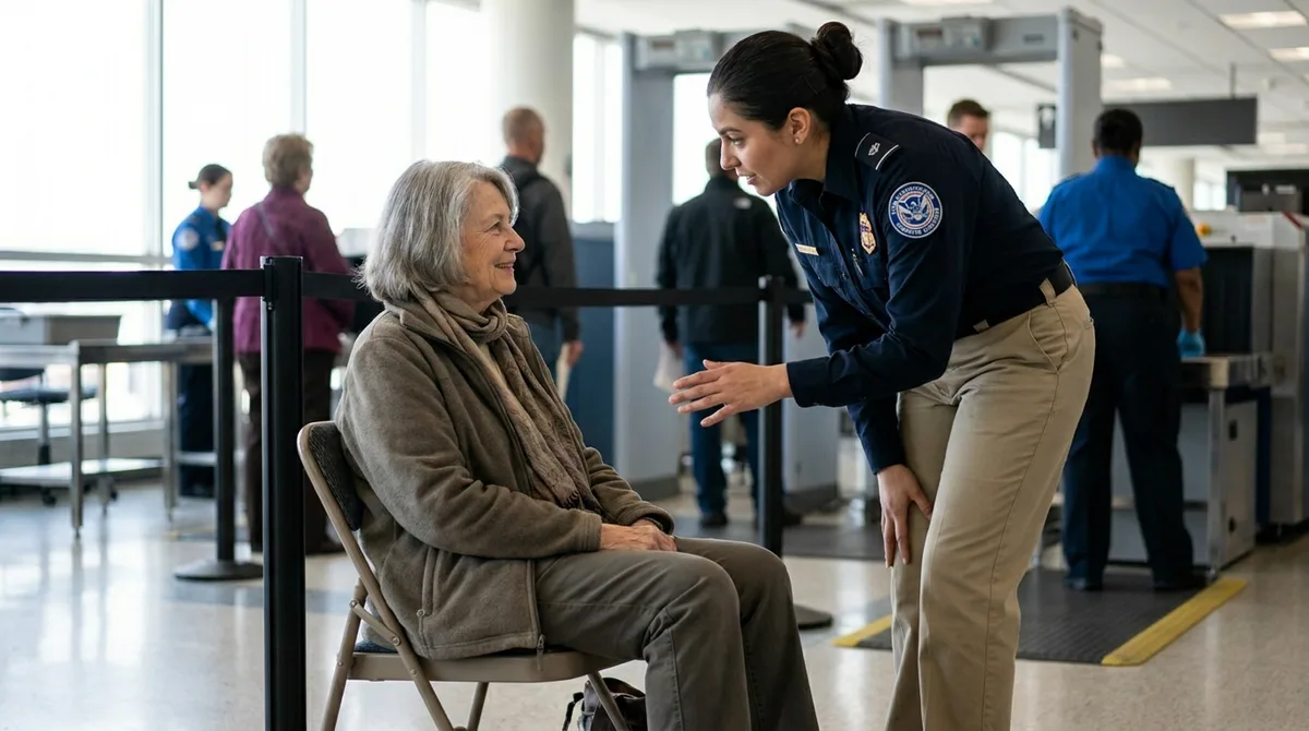 TSA Rules for Seniors Over 75: What to Expect at Airport Security 3 Senior woman seated during TSA screening, an option for passengers 75 and older