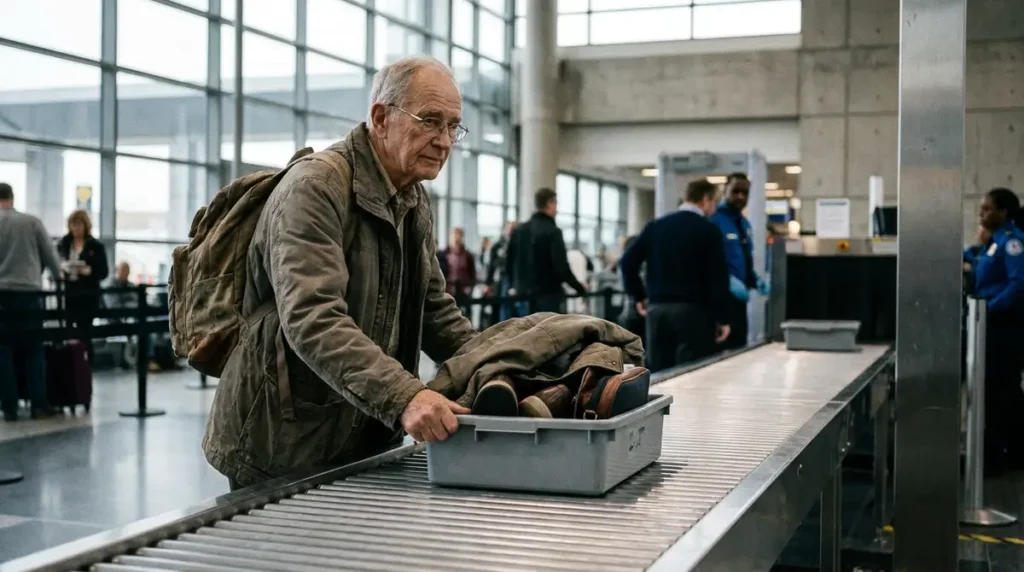 Senior traveler placing a bin onto a TSA security conveyor belt