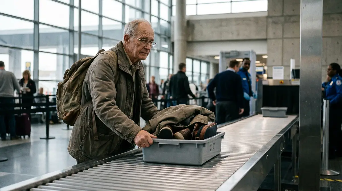 Senior traveler placing a bin onto a TSA security conveyor belt