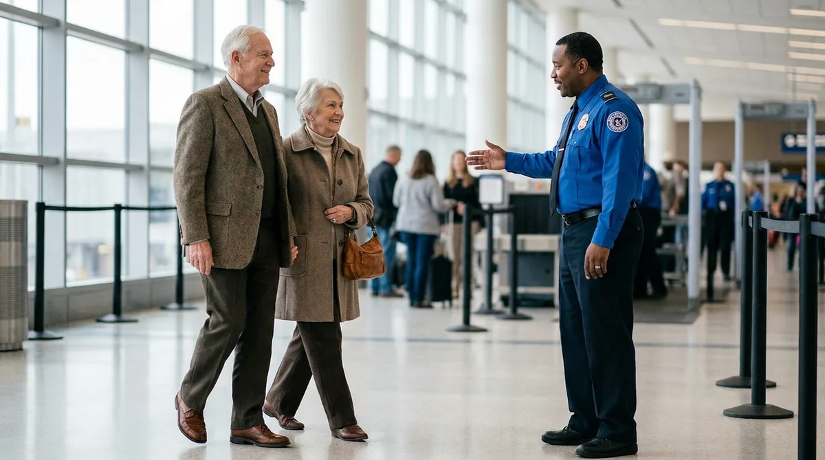 TSA Rules for Seniors Over 75: What to Expect at Airport Security 1 Senior couple keeping their shoes on at airport security under TSA rules for seniors over 75
