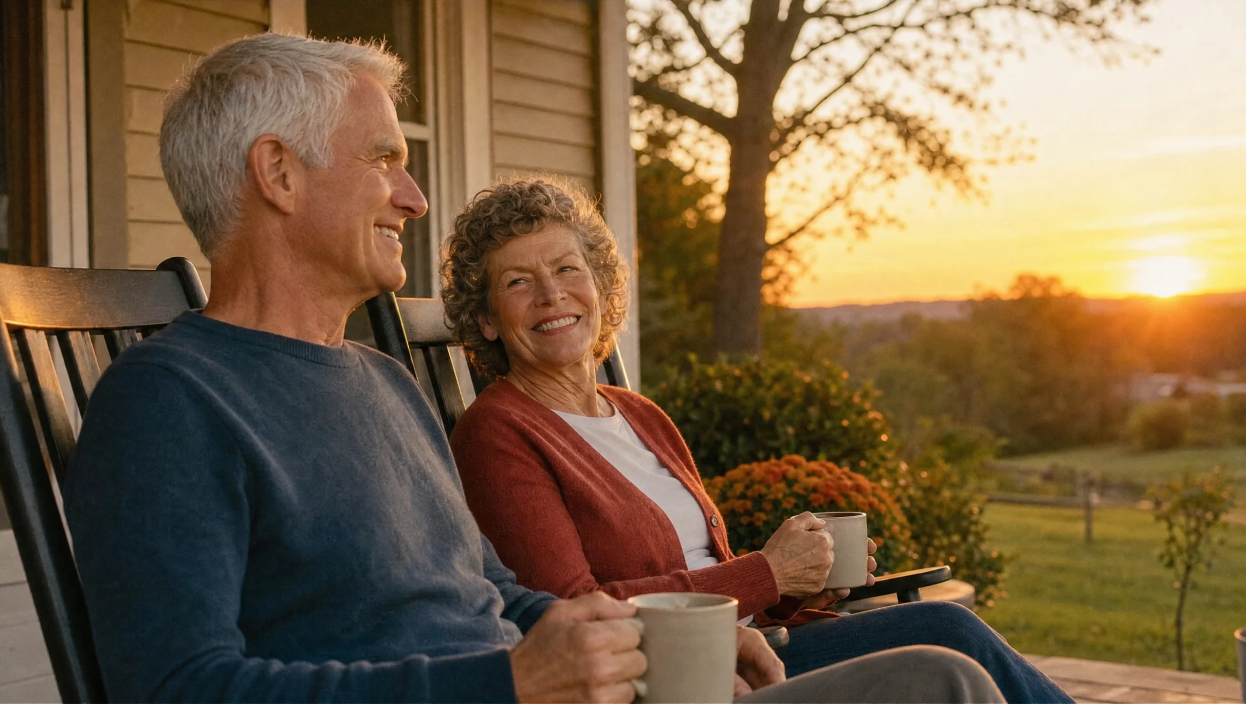 Senior couple relaxing on a porch at sunset, a relaxing highlight of weekend trips for seniors