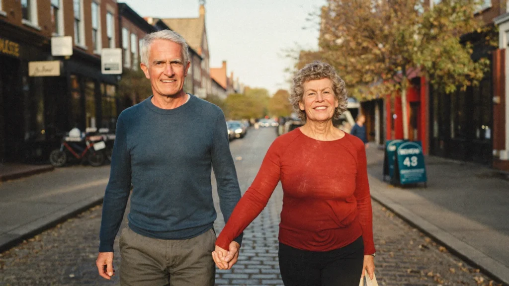Senior couple walking hand in hand on a small-town street during weekend trips for seniors