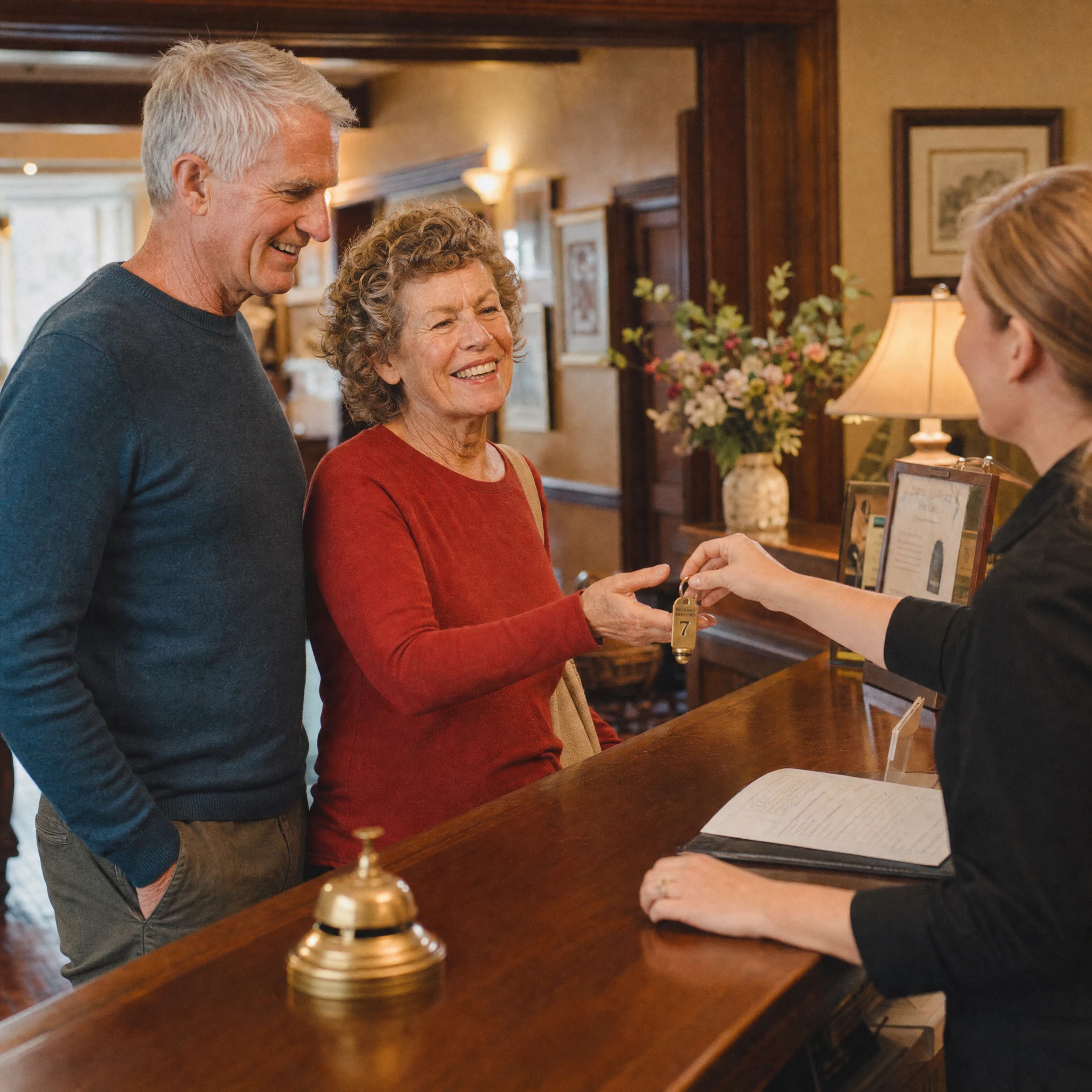 Senior couple checking into a boutique bed and breakfast, a popular pick for weekend trips for seniors